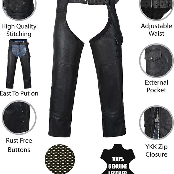 NEW HWK BLACK Motorcycle Leather Chaps Pants Biker Cowboy Riding Racing Sz 36 x - Picture 1 of 9